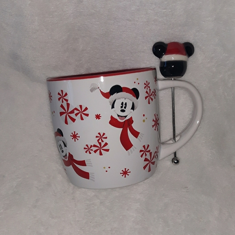 Mickey Mouse Christmas Mug with Stirrer Peppermint Swirl Disney 18oz NWOT